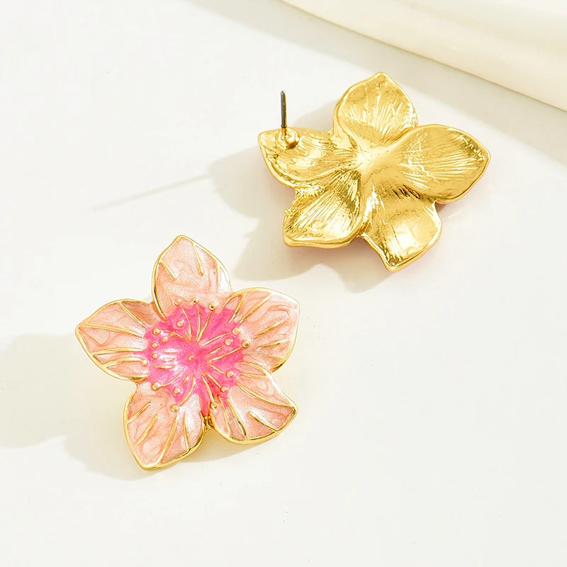 Metal Flower Enamel Petal Earrings For Women Peach Color Vintage Styles Fashion Jewelry Trendy Holiday Accessories Gifts 2023607