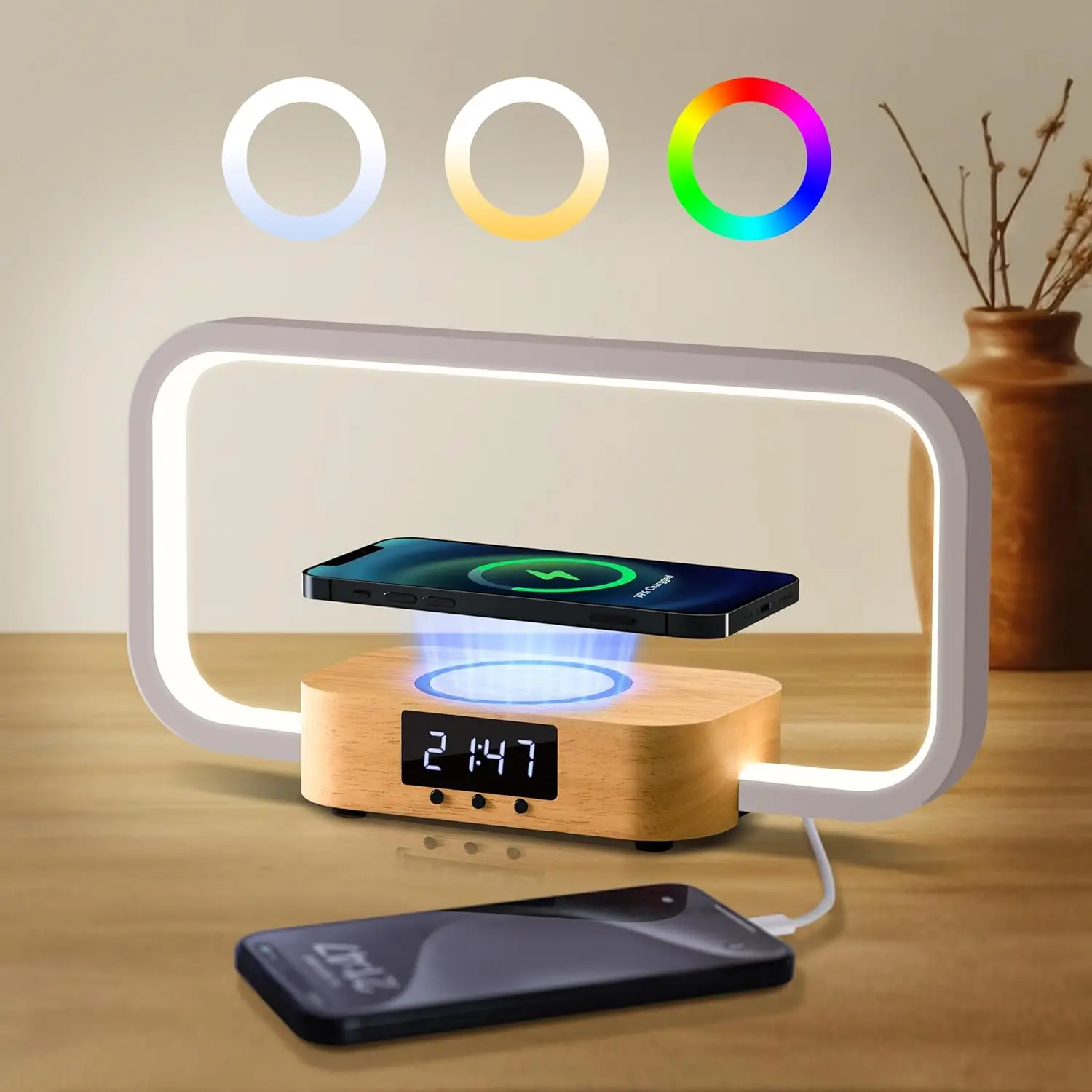 Bedside Table Lamp Wireless Charger Touch Table Lamp with RGB Modern LED Light Dimmable Suitable for Bedroom Living Room Office