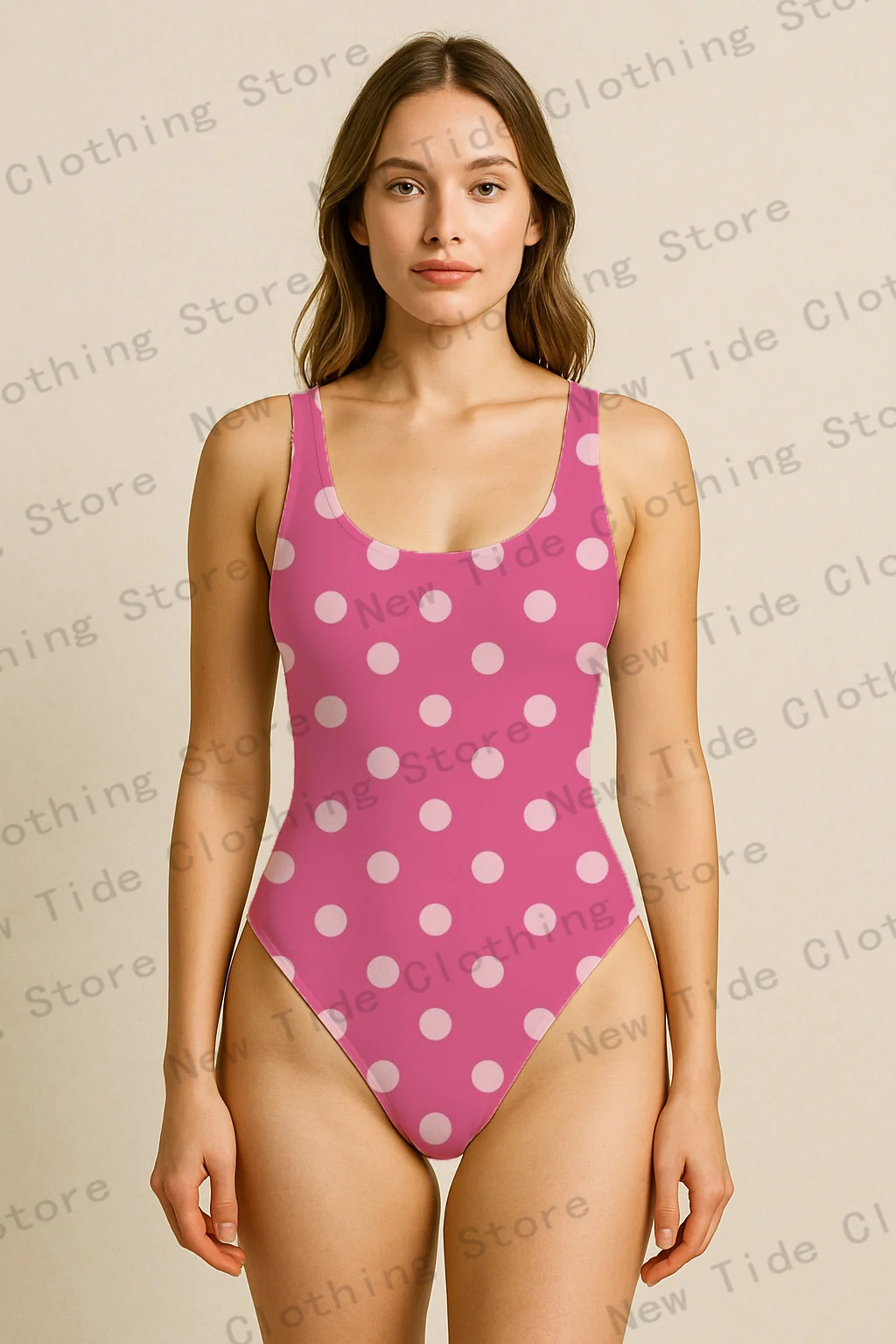 Damski różowo-biały strój kąpielowy jednoczęściowy w grochy, bez rękawów, dopasowany, na plażę, wakacje letnie, do basenu.