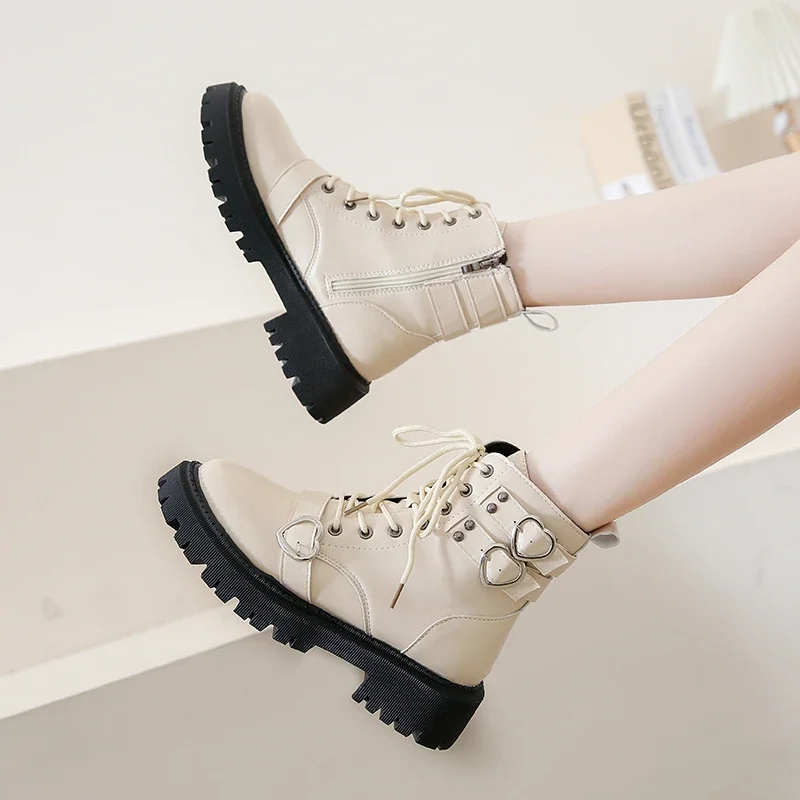 Heart Buckle Chunky Platform Ankle Boots Women 2024 Autumn Pu Leather Thick Bottom Short Boots Woman Black Motorcycle Shoes