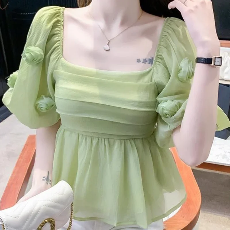 French Three Dimensional Flower Bottoming Blouse Square Neck Short Sleeve Shirt Women's Fashion Casual Puff Sleeve Top Z787