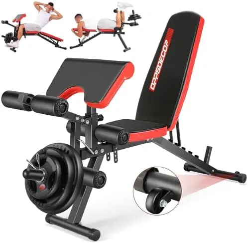 Adjustable Weight Bench with Leg Extension and Leg Curl, Workout Bench Press Preacher Curl Bench with Wheels, 800 LBS Flat/Incli