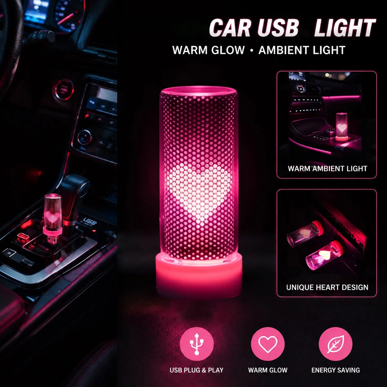 USB Heart Car Ambient Mood Lamp Plug and Play Romantic Love Heart Decorative Atmosphere Light Car Interior Home Lamp