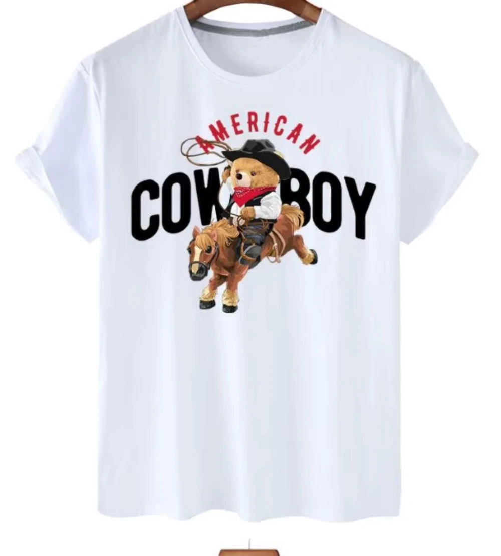 2026 Men and Women Western Cowboy Teddy Horse Graphic T-shirt Oversized Short Sleeve Tee Retro Casual Loose Summer Cotton Top