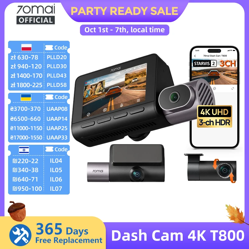 70mai 4K T800 3-Channel Dash Cam, Front Rear Interior Triple HDR, Supercapacitor Built-in GPS&ADAS, 24H Parking Guardian 4G LTE