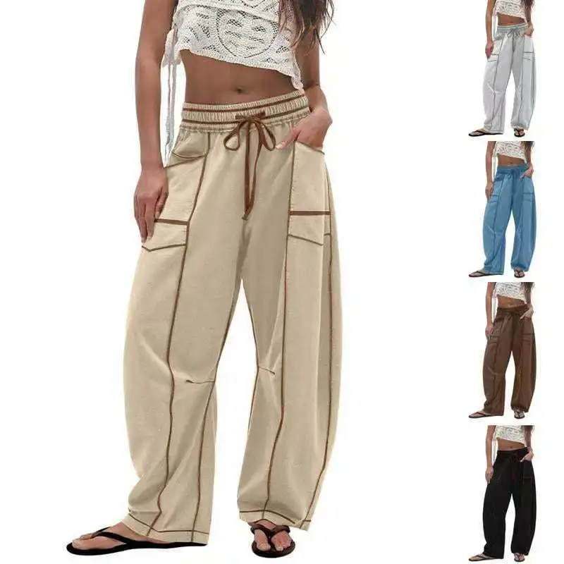 

2026 New Women's Wide Leg Pants with Drawstring Casual Loose Flowny Trousers Summer High Waist Palazzo Pants