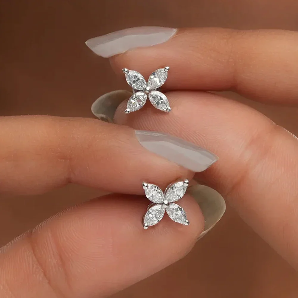 Classic Four-leaf Clover-shaped Women's Stud Earrings - High-quality Shiny Zircon Jewelry Anniversary Gift Party Jewelry