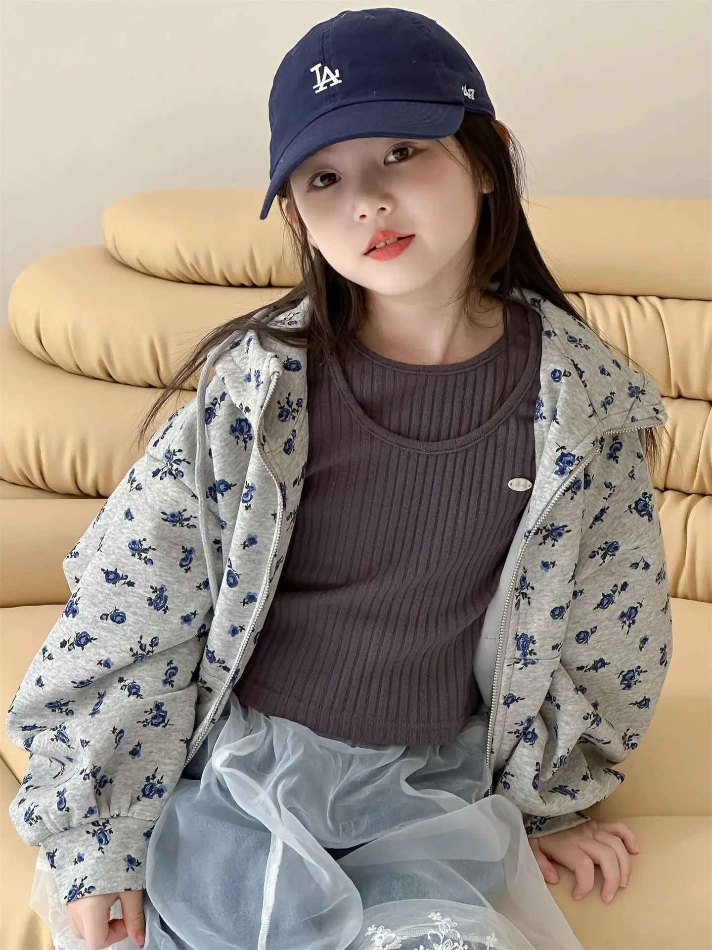 Jackets Girl Loose Coat Autumn New Korean Broken Flowers Hooded Loose Coat New Tops Tide 2024 Fashion Simple Sweet Loose