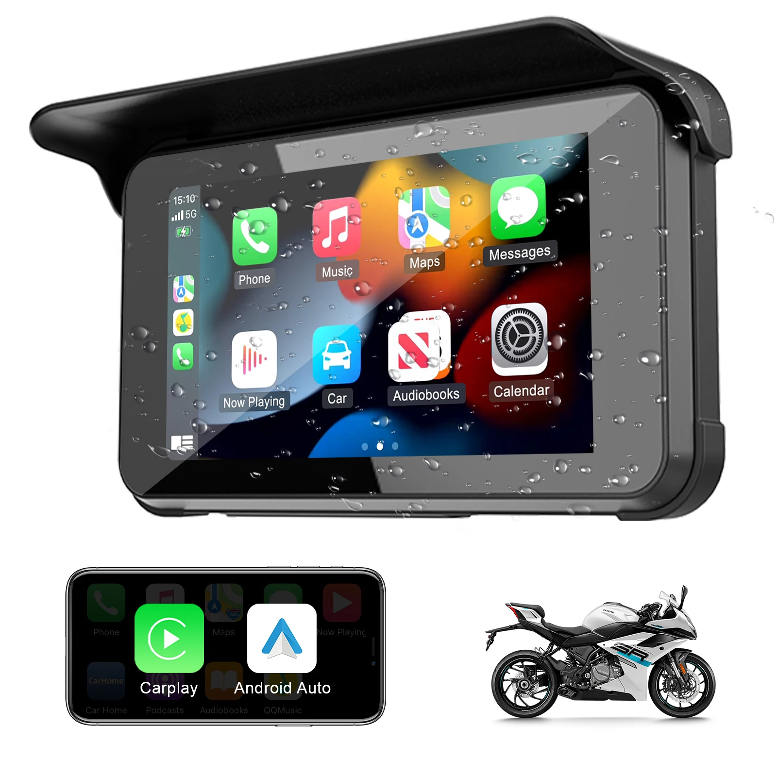 

5" Motorcycle Wireless CarPlay Android Auto GPS Navigation IP67 Waterproof Display Screen WiFi CS80A
