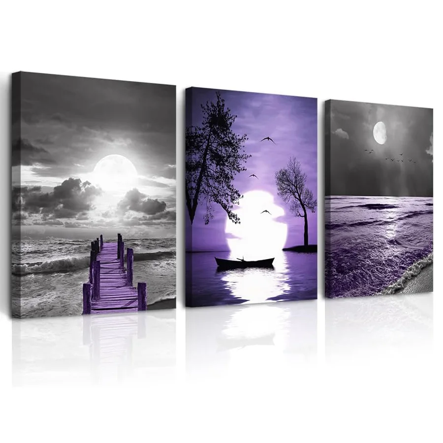 Full diamond painting 3 pcs Purple Ocean Landscape Big Moon Wooden Bridge cross stitch diamond embroidery triptych home decor