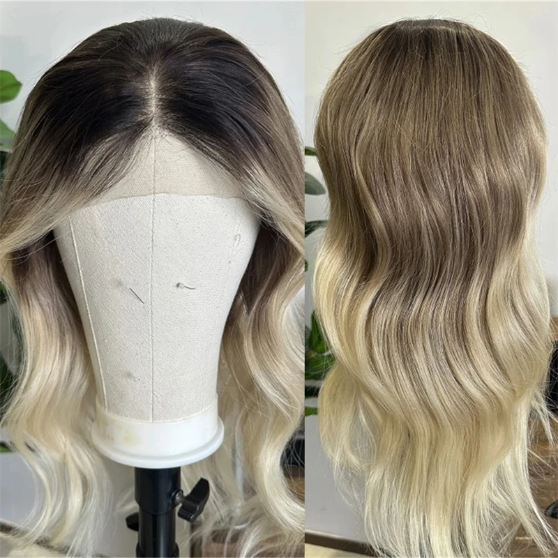 

Синтетический парик Ombre Blonde Lace Front с темными корнями 13x4 Free Part HD Invisible Lace Front Wig Blonde Bouncy Wavy Wig Party