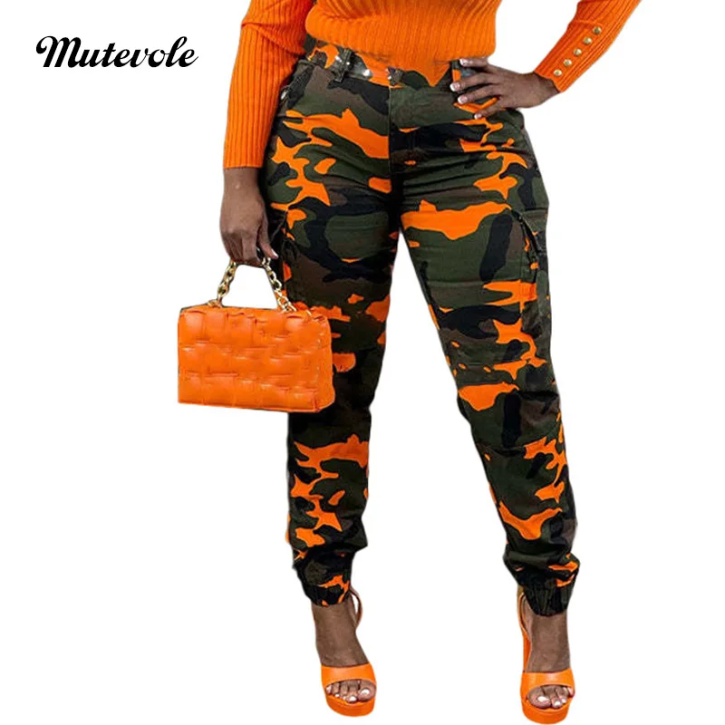 Calça feminina Mutevole Camuflagem Cargo, Calça Slim Fit, Calça Lápis Verde, Calças Jogger de Bolso de Botão