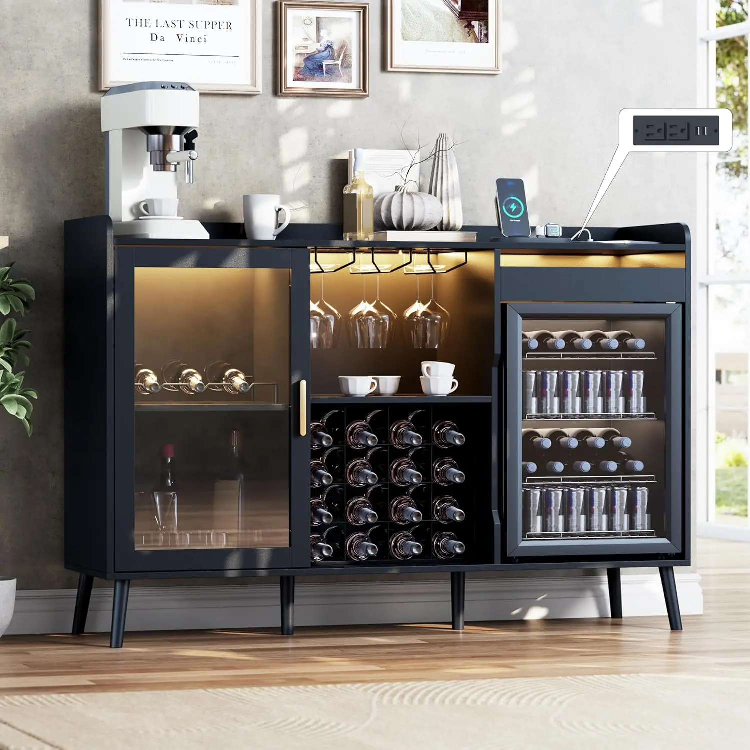 

Coffee Bar Cabinet with Fridge Space, Black Wine Bar Cabinet with Charge Station & Led Light, Liquor Cabinet with Wine Rack & Dr