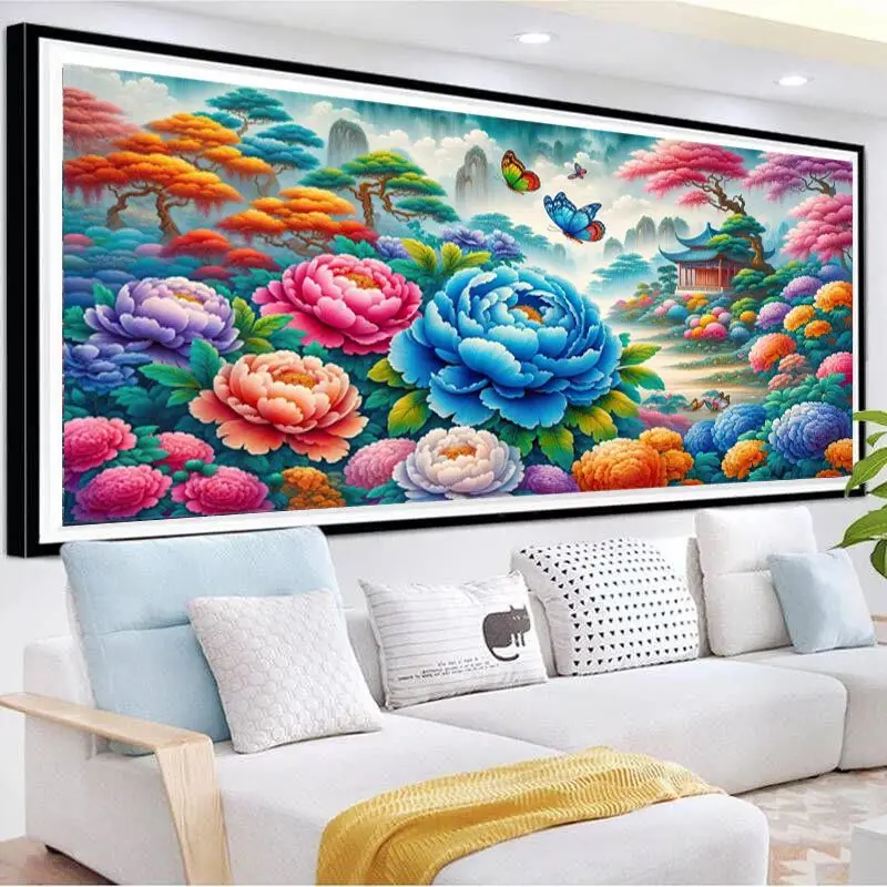 

9ct 204x80cm Peony Flowers Landscape Embroidery DIY Chinese Style Printed Kits Cross Stitch Needlework Set Home Decor Crafts