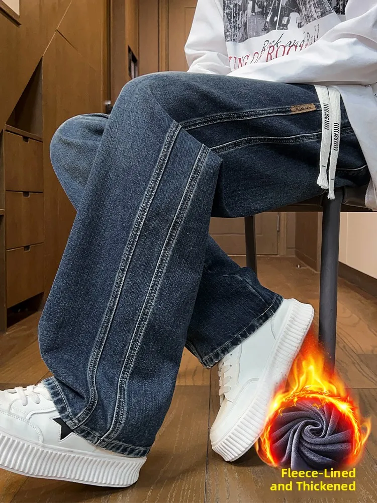 

Men's Fce Lined Loose Fit Dstring Thiened Denim Jeans Autumn Winter Straight Leg Casual Trousers Durable Straight Tub...