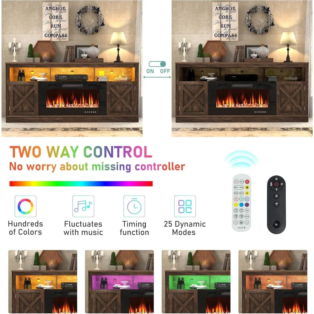 Centro de entretenimiento con chimenea eléctrica para TV de 70 a 80 pulgadas, 32 altos, chimenea de 36 LED, consola multimedia