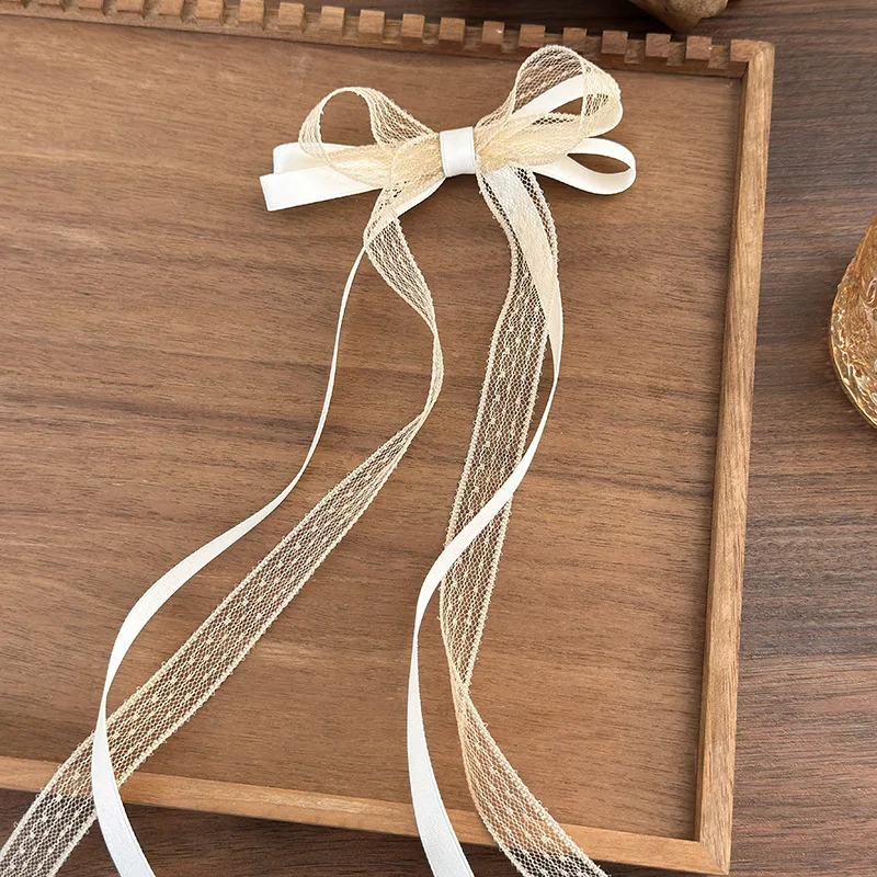 Koreańska koronkowa kokardka spinka do włosów moda długa wstążka spinki do włosów Barrettes opaska dla kobiet dziewczynki słodkie akcesoria do włosów biżuteria ślubna — zdjęcie 7