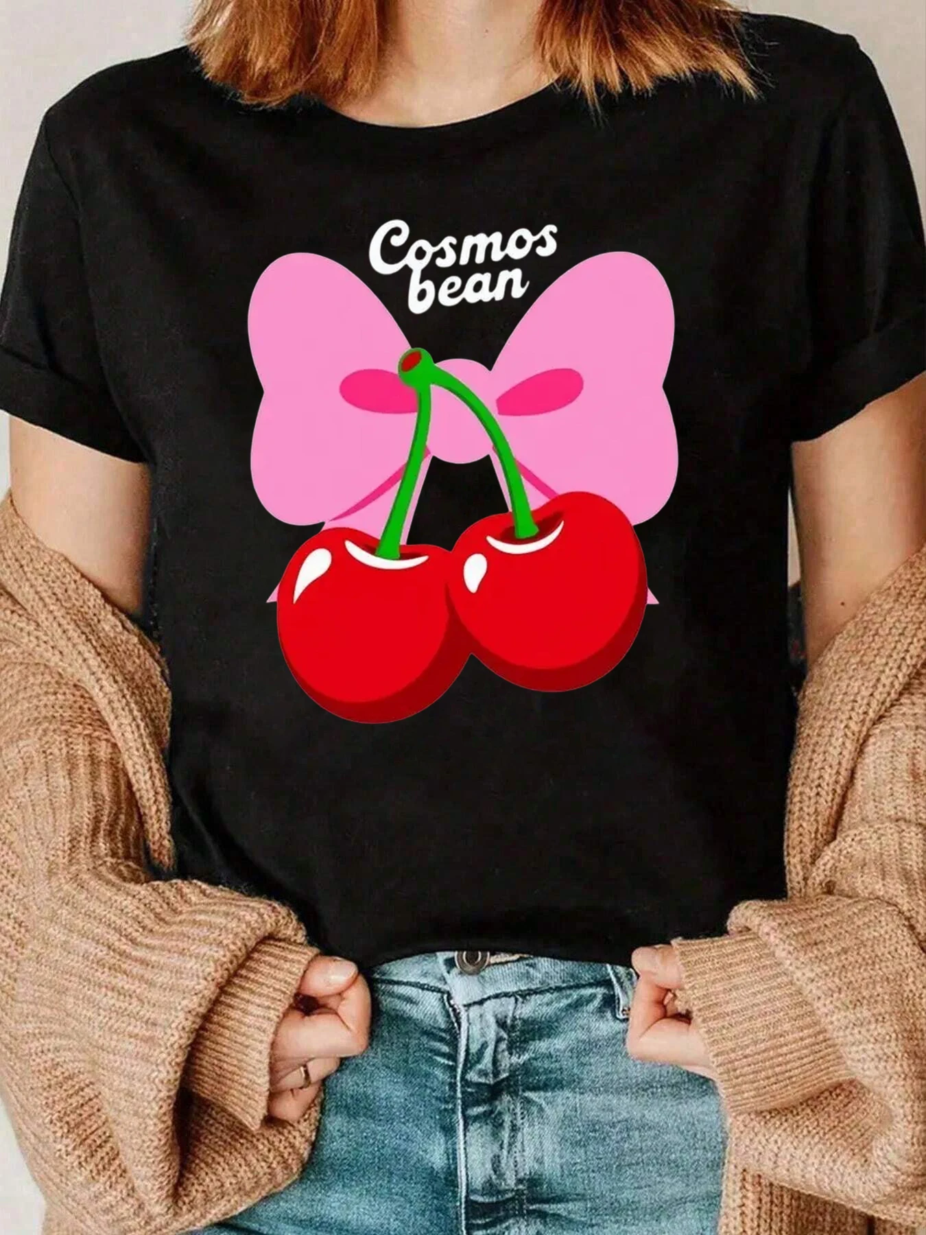 Cherry Bow Cosmos Bean Print T Shirt Casual Wear Women 220g