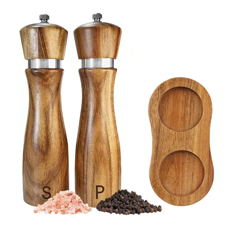 

8-Inch Acacia Wood Pepper Grinder Pepper Sea Salt Steel Ring Ceramic Core Manual Grinder With Adjustable Thickness Kitchen Tools