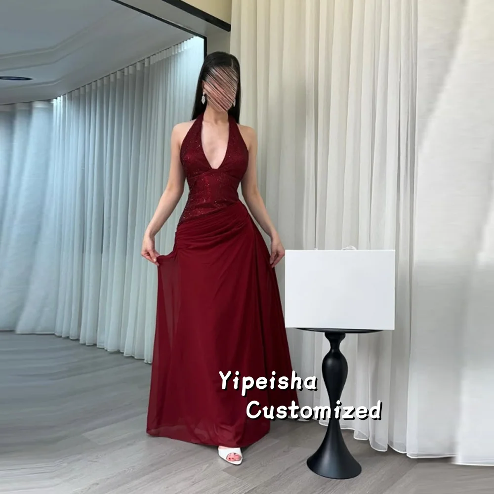 

Sequined Mermaid Halter Maxi Prom Dresses Sexy Sleeveless Deep V-neck Long Evening Dress for Woman Party Dress Customized