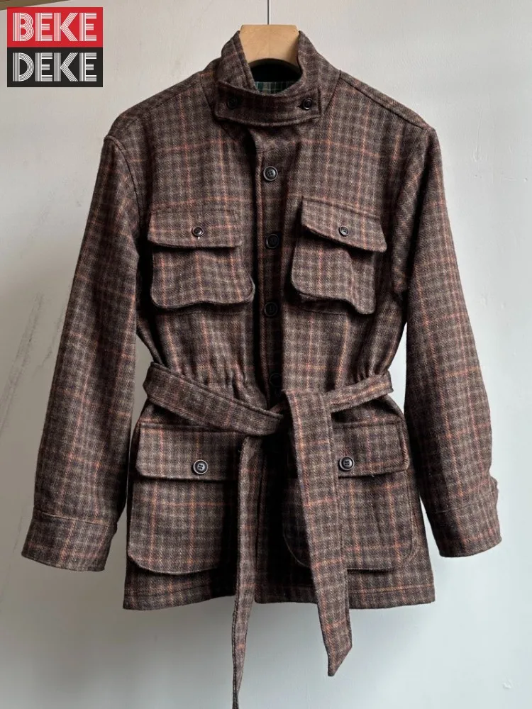 

New Style Retro Grid Men Hunting Jacket Outerwear Multi Pocket Single Breasted Top Stand Collar Belt Mid Long Autumn Winter Coat