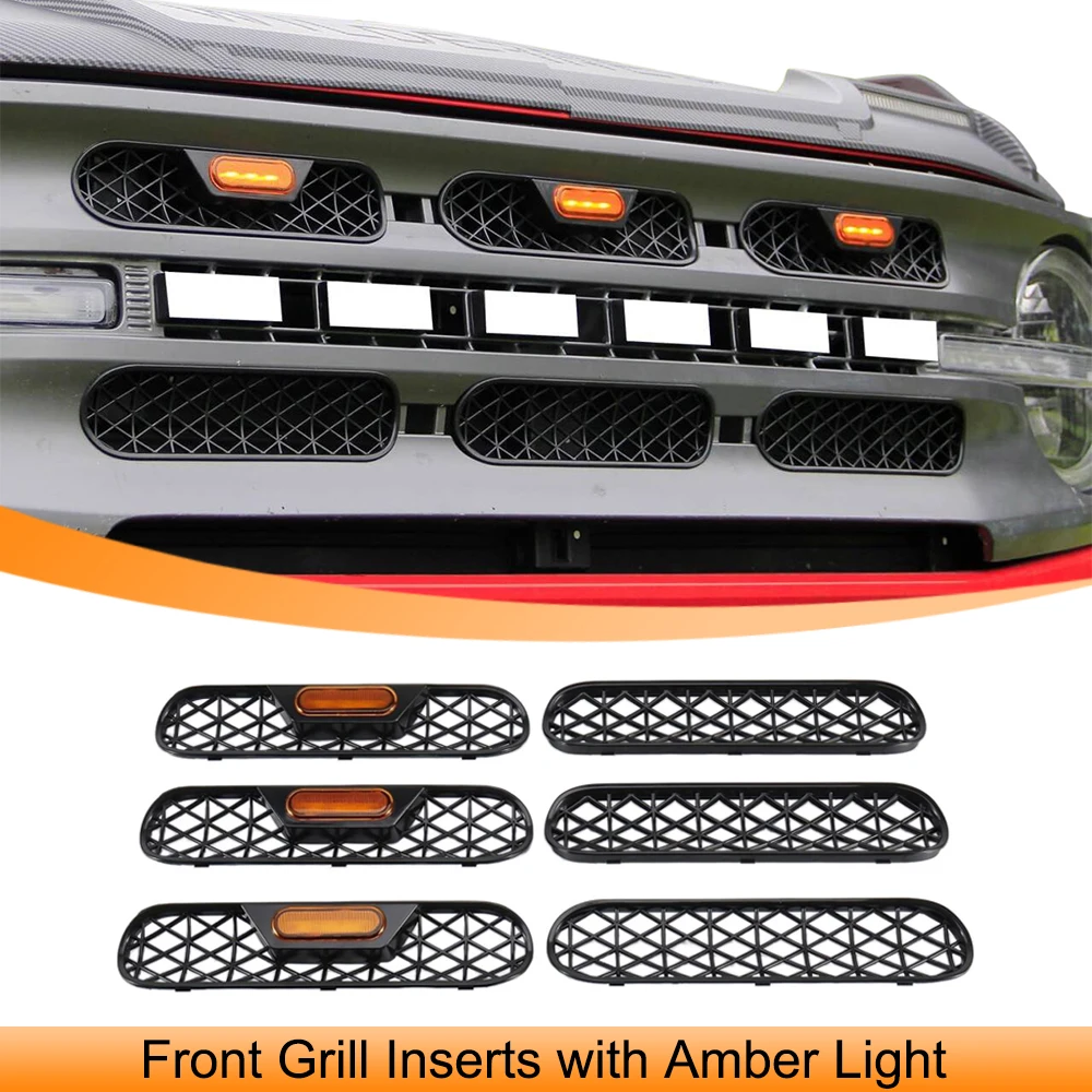 

Car Front Grill Inserts With Amber Light for Ford Bronco 2021-2024 2/4-Door Front Mesh Grille Inserts Grills Frame Accessories