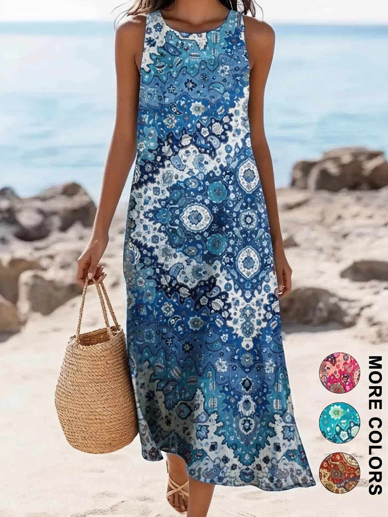 2026 Women's sleeveless Bohemian floral casual beach MIDI sundress with pockets flowing and loose Sweetheart Rustic Country image 2