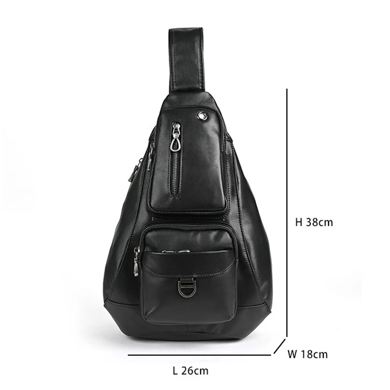 Black Genuine Cowhide Leather Men's Sling Backpack Multi Functional Crossbody Chest Bag Casual Retro Urban Commuting Travel Bags