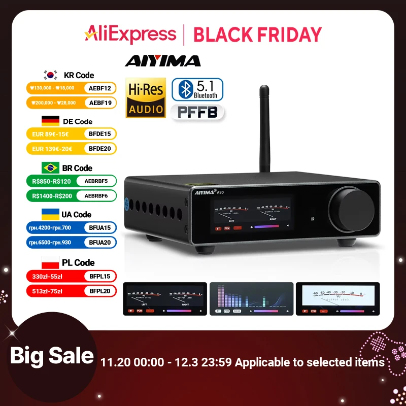 AIYIMA A80 Power Amplifier TPA3255 DAC Bluetooth PFFB Stereo 300Wx2 Class D 2.0 HiRes Digital Amp with RCA TRS OPT COA USB Input