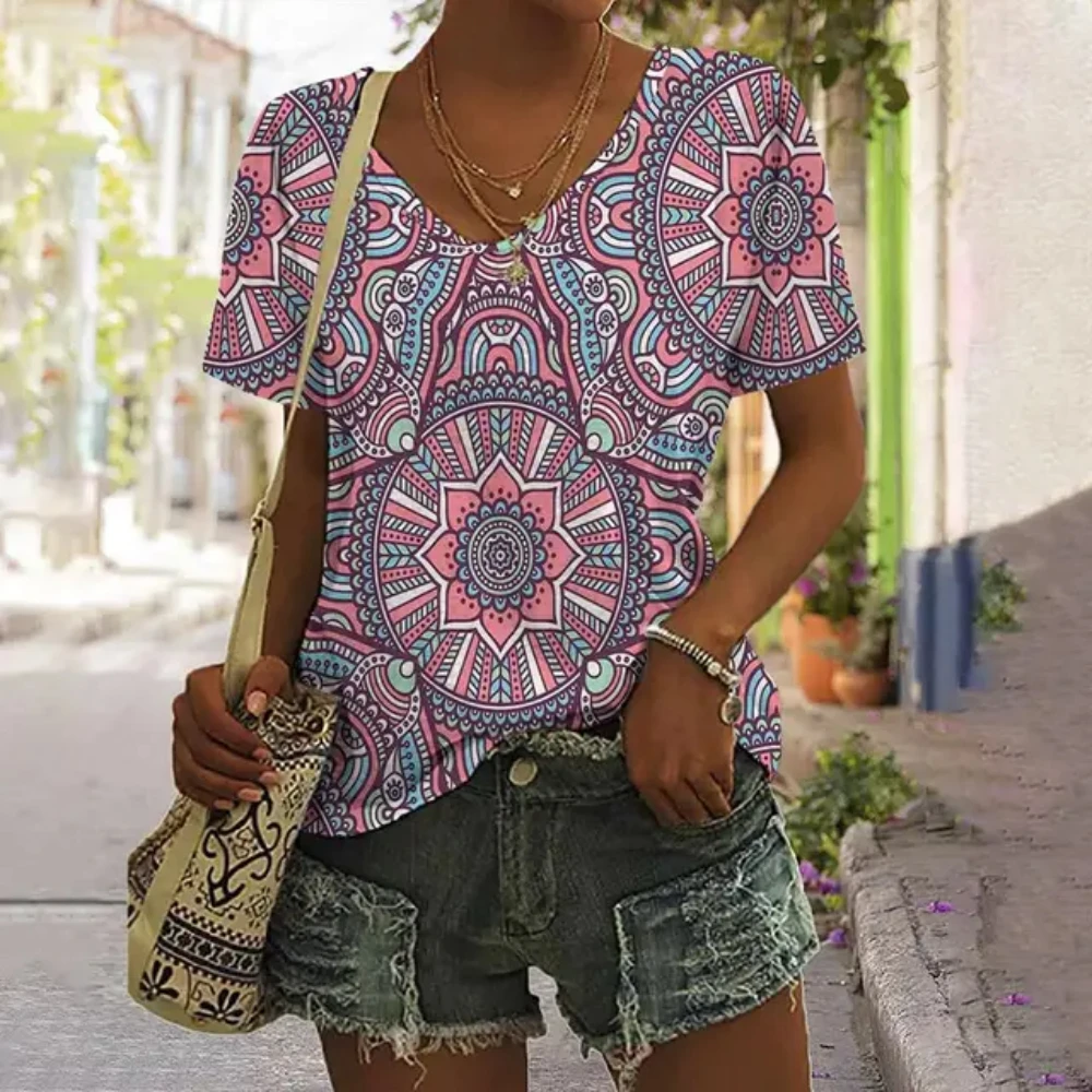 

3D V Neck T Shirt Vintage Women Mixed Floral Pattern Print Summer Ladies Shirt Tops Street Trend Loose Plus Size Ladies Tops