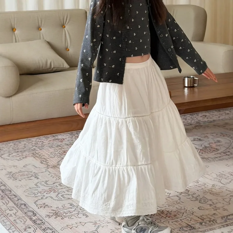 Girl's Retro French High Waist Hanging Half Skirt, Baby Girl Embroidered Lace A-line Umbrella Long Skirt