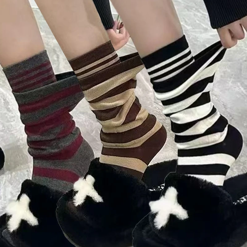 

Double Layered Stripe Socks Women Girl Cotton Japanese Harajuku Middle Calf Socks Trendy Winter Warm Sock Y2K Streetwear Socks