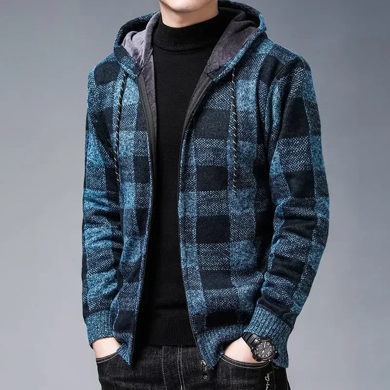 

Plaid Cardigan Knit Sweater Male Hoodies Blue Tops Long Sleeve Men's Clothing 100% Korean Autumn Clothes Warm A Heated Spring X