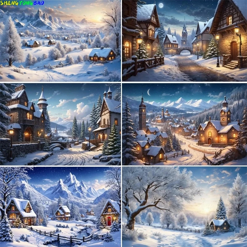 

Winter Christmas Village Photography Backdrops Home Decoration New Year Snow Town Mountain Wooden House Photo Background XD-01