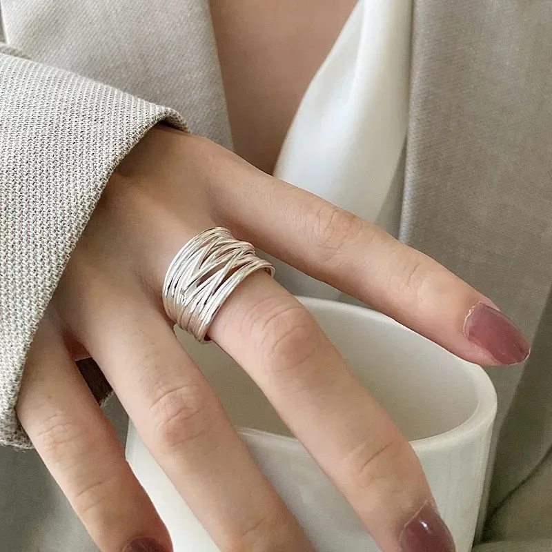 Women's 925 Sterling Silver Geometric Irregular Lines Open Ring