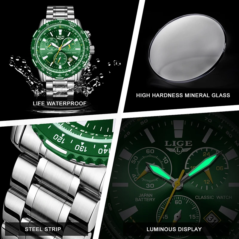 LIGE New Green Big Dial Watch Men Top Brand Luxury Fashion Mens Watches Military Waterproof Chronograph Quartz Wristwatch Clock - view 3