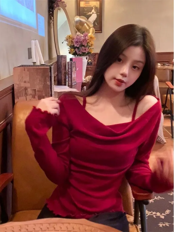 

Red Long Sve Base irt Inner Wear Slimming Top Ele Sle Knitted Ruffle Hem Loose Fit Soft Polyester Fiber Autumn New...