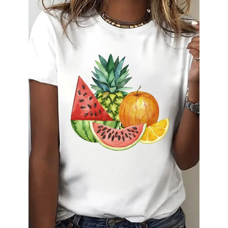 

Женская футболка с круглым вырезом и принтом «Ананас» с изображением свежих зеленых акварельных срезов ананаса и цитрусовых, повседневный топ