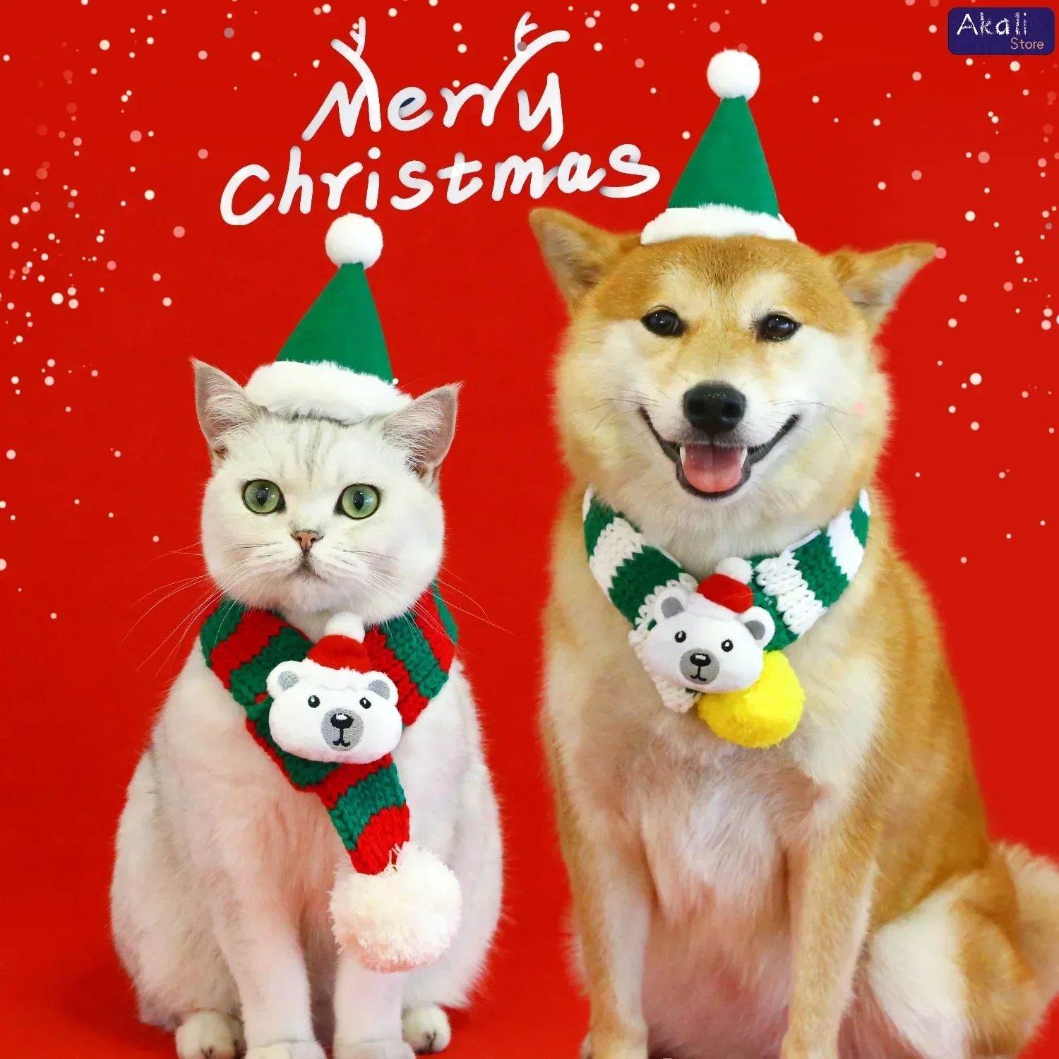 2025 Christmas Pet Knitted Set Cat and Dog Plush Scarf Hat Set Pet Winter Warm Plush Clothing Holiday Decorations Pet Supplies