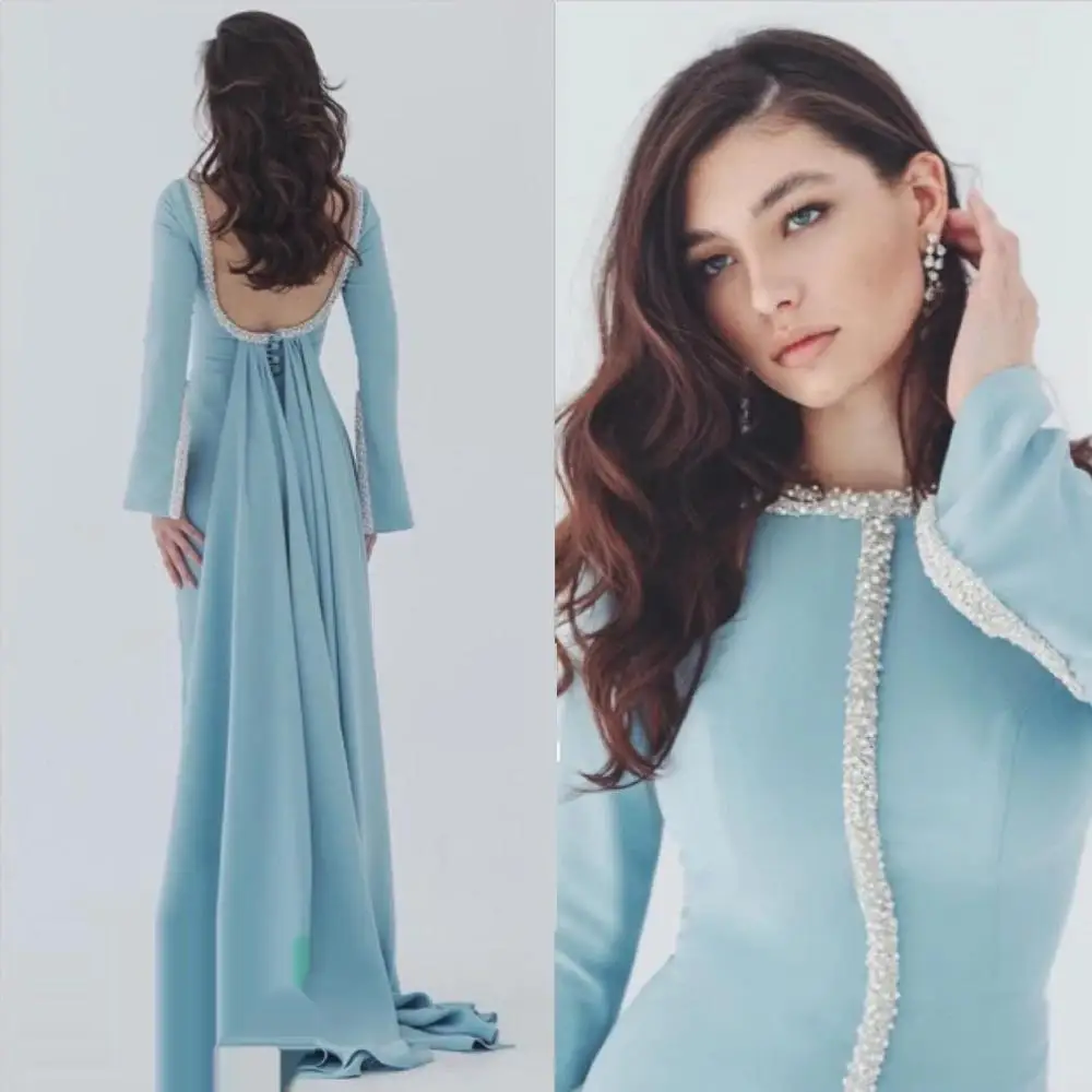 Robe de Rhdos nu personnalisée pour femmes, robe de soirée avec plumes, longueur au sol, manches longues, robe de soirée de mariage, Dubaï, 2024