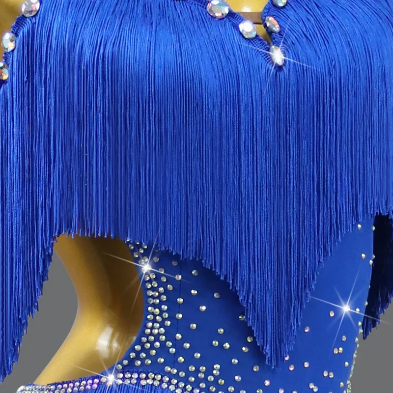 2024 New Latin Performance Dance Dress Women Sexy Outdoor Ball Party Fringe Skirt Sports Practice Wear Blue Line Suit Customized