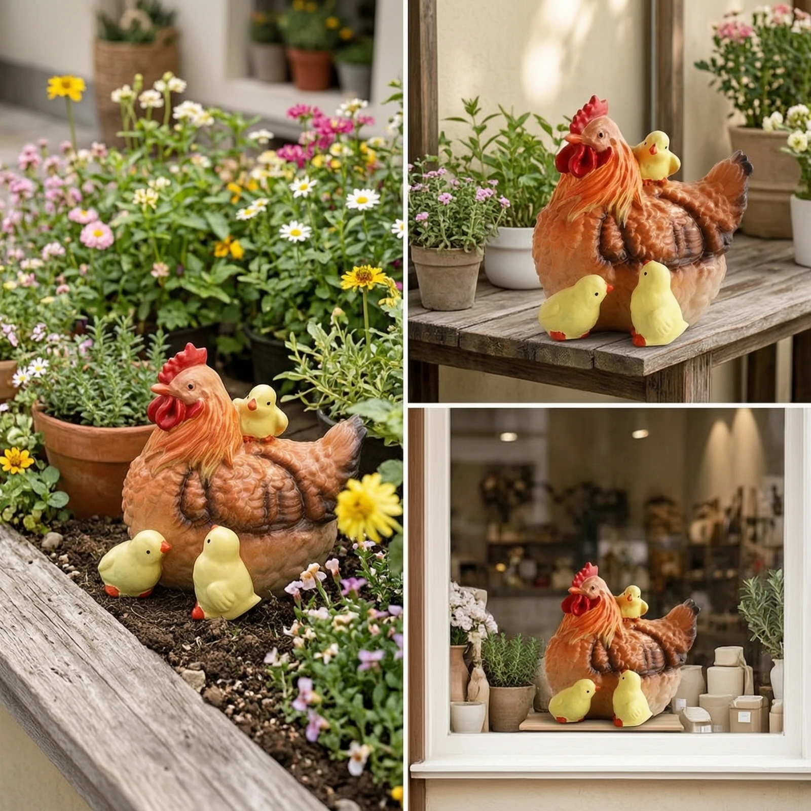 Hen Figurine with Chicks Outdoor Hen Figurine Chicken Garden Statue Compact Sculpture Lifelike for Gardeners, Patio, Flower Beds