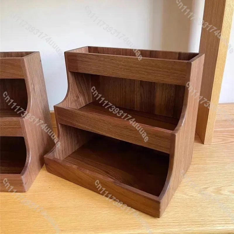 Small 3 Tier Solid Wood Desktop Organizer Black Walnut Office Storage Box Home Desk Shelf Holder for Documents and Supplies