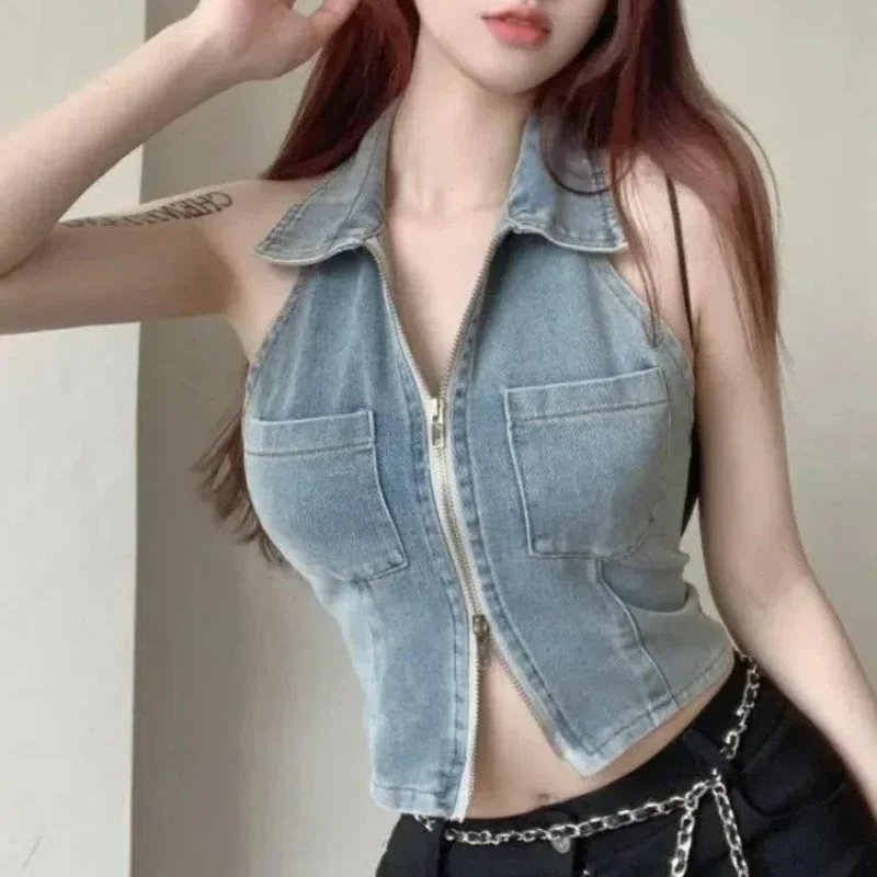 Женская винтажная уличная одежда Y2k, джинсовый жилет на молнии, летний жилет в стиле Харадзюку с карманами, без рукавов, сексуальный синий облегающий укороченный сказочный топ, майки и майки