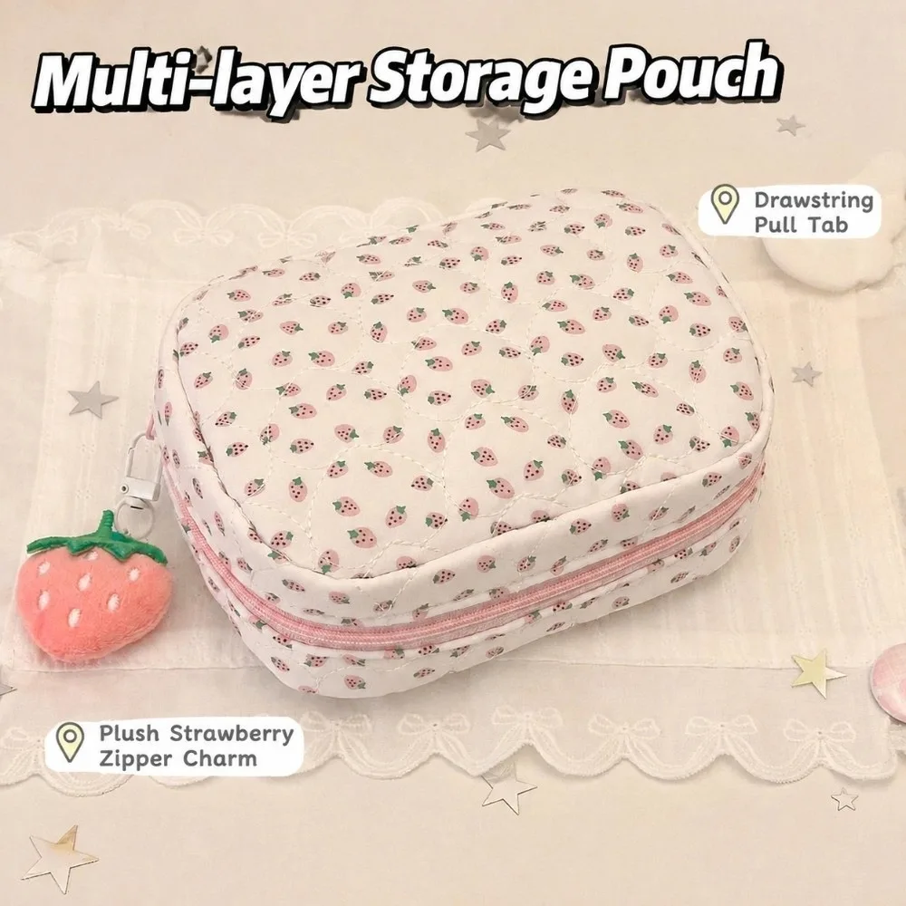 Portable Strawberry Print Makeup Bag Multi-layer Compartment Large Capacity Cosmetic Pouch Makeup Storage Pouch Daily Use