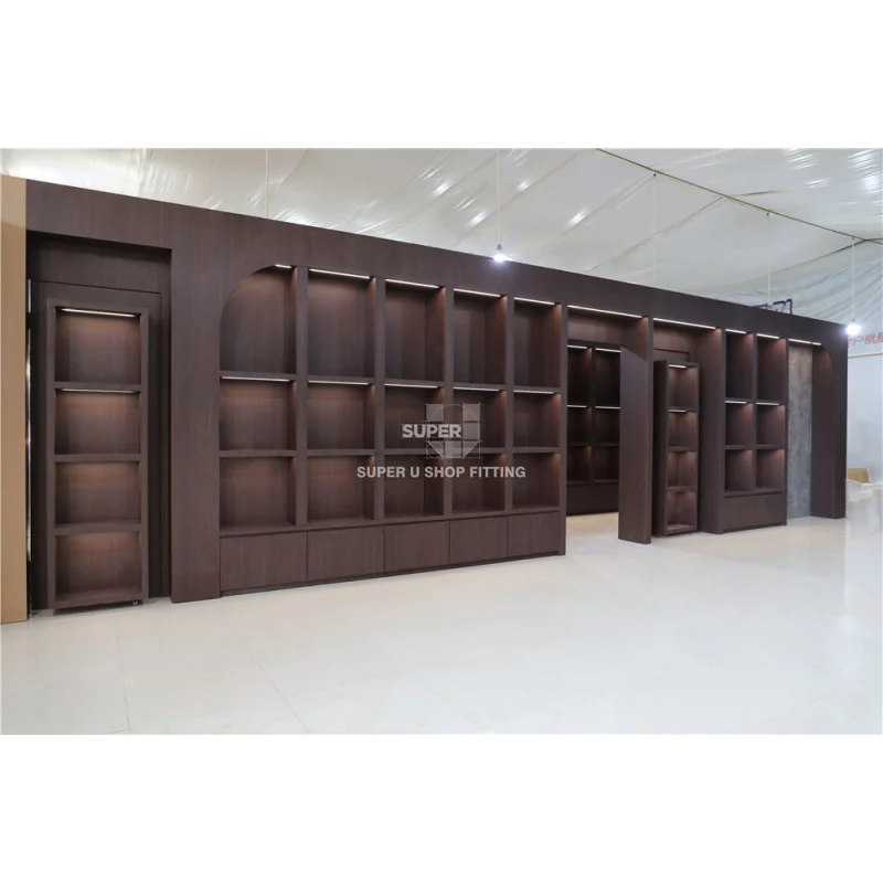 (customized)Custom Illuminated Brown Wooden Sweets Shop Display Furniture Services Bespoke Wall Chocolate Shop Interior Design f