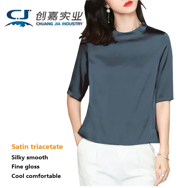 Satin Triacetate Spring Summer Lady Five-point Sleeve Crew Neck T-shirt Grey Silky Glossy Pullover Light Luxury Cool Breathable