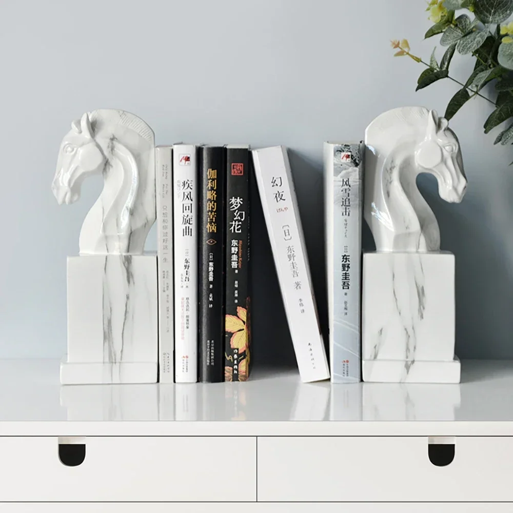 Quality Horse Bookend Marble Like White War-Horse Statue Resin Animal Ornament Solid Steed Head Book Stand