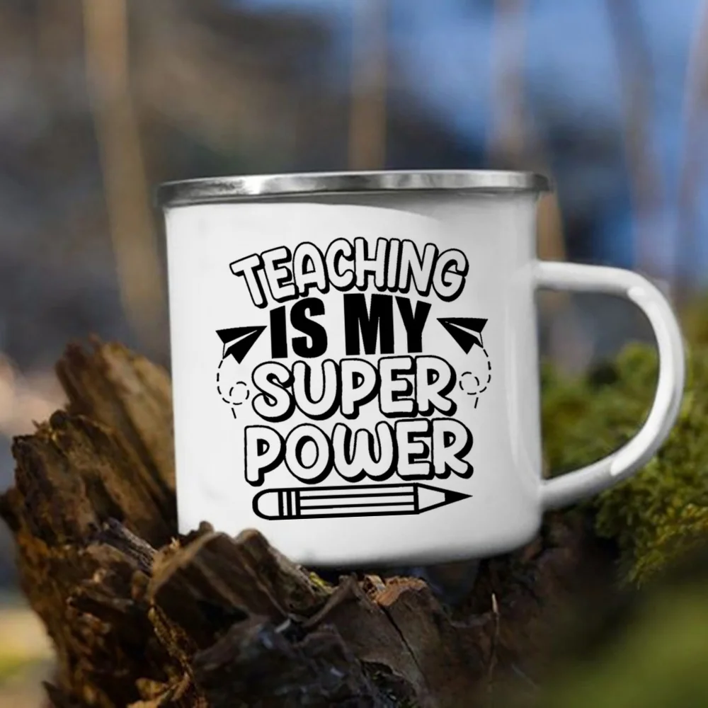 Teacher is my super power printed coffee cup enamel School Office Drinking Cups Handle Home Office milk Juice Mugs Holiday Gift