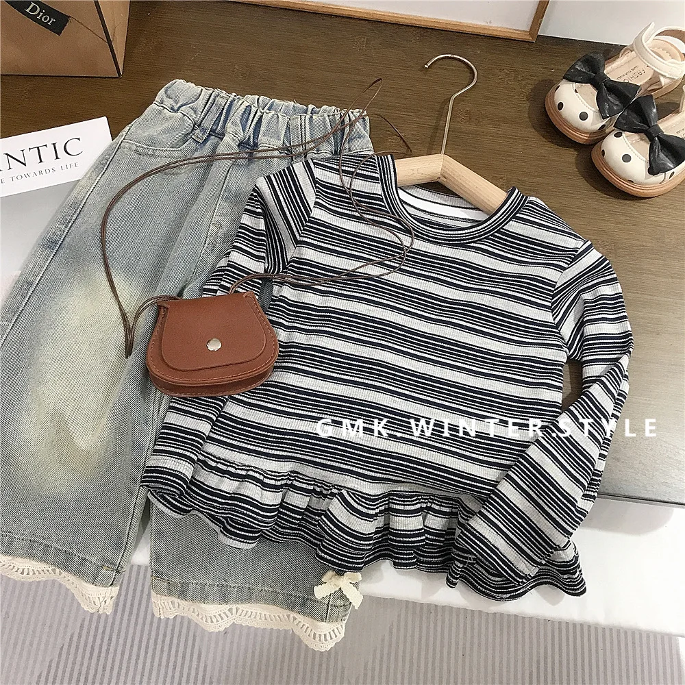 Korean Children's Clothing Lotus Leaf Edge Striped Long-sleeved T-shirt Spring and Autumn New Children's Top Jeans